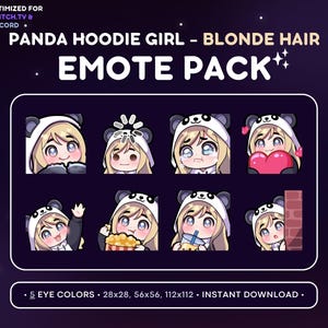 Chibi Girl Emote Pack 8x - Panda Hoodie, Blonde Hair Girl Twitch Emote [Fair Skin, 5 Eye Colors], Streaming Assets, Wave Love Lurk, Boba Tea