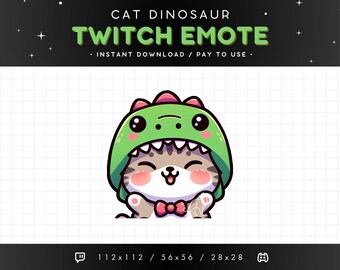 Cute Cat Twitch Emote - Dino Hat Cat Emote, Cat Discord Emote, Gaming, Streaming, Emoji, Kawaii Adorable, Funny, Goofy, Dinosaur, Happy, Hug