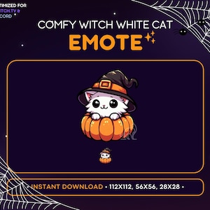 White Cat Twitch Emote - Pumpkin, Witch Hat, Halloween Emote, Discord Server, Magic, Spooky, Scary, Emoji, Stream Decoration, Lurk, Funny