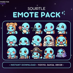 May include: A set of 12 Squirtle emotes in various poses and expressions. The emotes are in a grid format with a blue background and a white border. The text "SQUIRTLE EMOTE PACK" is at the top of the image. The text "INSTANT DOWNLOAD - 112X112, 56X56, 28X28" is at the bottom of the image.