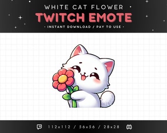 Cute White Cat Twitch Emote - Holding Flower Cat Emote, Cat Discord Emote, Gaming, Streaming, Emoji, Kawaii Adorable, Gift, Love, Shy, Give