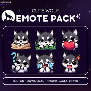 Wolf Twitch Emote Pack 6x - Cute Grey Wolf Emote, Wolf Discord Emote, Streaming Assets, Gaming, Stream, Emoji, Sticker, Love, Comfy, Cry