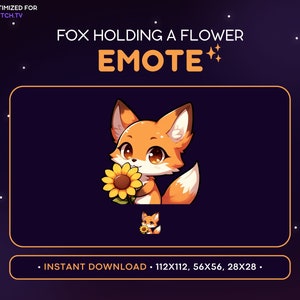 かわいいキツネのTwitch絵文字 - 花を持ったキツネの絵文字、キツネのDiscord絵文字、ゲーム、ストリーミング、絵文字、かわいい、愛らしい、ギフト、愛、動物、自然