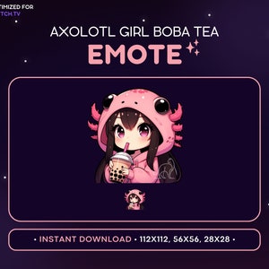Axolotl Chibi Girl Twitch Emote, Boba Girl, Kawaii Anime Emote, Gamer Girl Bubble Tea, Brown Hair Girl Emote, Streaming, Discord Emote