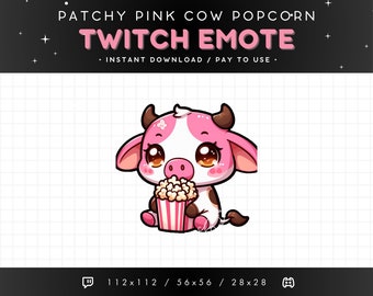 Cute Pink Patchy Cow Twitch Emote - Eating Popcorn Cow Emote, Cow Discord Emote, Gaming, Streaming, Emoji, Kawaii Adorable, Drama