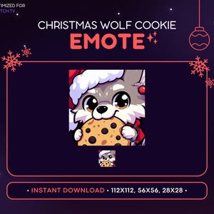 Puede incluir: Un emote digital navideño de un lobo y una galleta. El lobo, con un gorro de Papá Noel, sostiene una galleta con chispas de chocolate. Fondo morado oscuro con copos de nieve y adornos. Texto: "CHRISTMAS WOLF COOKIE EMOTE".