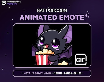 ANIMATED Bat Twitch Emote - Popcorn Bat Emote, Bat Discord Emote, Gaming, Streaming, Emoji, Kawaii,, Food, Night, Sky, Black Bat, Movie
