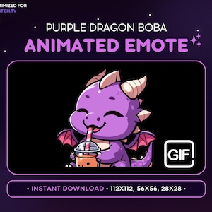 May include: Animated Twitch emote featuring a purple dragon drinking boba tea. The emote is available in three sizes: 112x112, 56x56, and 28x28.