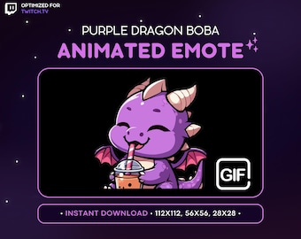 ANIMATED Purple Dragon Twitch Emote Boba Tea - Bubble Tea Dragon Emote, Dragon Discord Emote, Gaming, Streaming, Emoji Kawaii Adorable Drink
