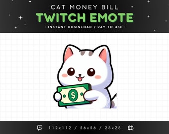 Cute White Cat Twitch Emote Money - Dollar Bill Cat Emote, Cat Discord Emote, Gaming, Streaming, Emoji, Kawaii Adorable, Donation, Gift