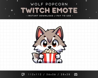 Cute Wolf Twitch Emote - Eating Popcorn Wolf Emote, Wolf Discord Emote, Gaming, Streaming, Emoji, Kawaii Adorable, Drama, Movie Night