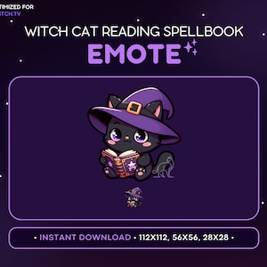 Cute Witch Black Cat Twitch Emote - Witch Cat Spell Book Emote, Cat Discord Emote, Gaming, Streaming, Emoji, Kawaii Adorable, Magic, Fantasy