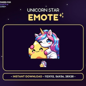 Peut inclure: Une illustration numérique d'une licorne rose et bleue en train d'embrasser une étoile jaune avec un visage heureux. Le texte "UNICORN STAR EMOTE" est au-dessus de l'image. Le texte "INSTANT DOWNLOAD - 112X112, 56X56, 28X28." est en dessous de l'image.