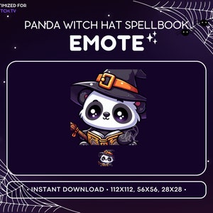 Bonito gesto de Twitch de panda con sombrero de bruja, Gesto de libro de hechizos de panda de bruja, Gesto de discordia de panda, Streaming, Emoji, Halloween kawaii, Magia, Fantasía