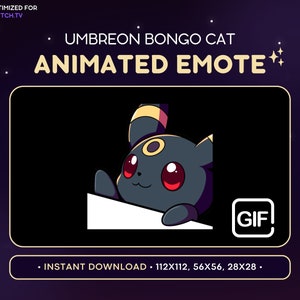 Puede incluir: Emote GIF animado con un personaje de Pokémon Umbreon negro con orejas amarillas y ojos rojos, mirando por encima de una superficie blanca. El texto "GIF" está en un cuadro blanco con un borde negro. El texto "OPTIMIZED FOR TWITCH.TV" está en la esquina superior izquierda de la imagen. El texto "UMBREON BONGO CAT ANIMATED EMOTE" está en el centro superior de la imagen. El texto "INSTANT DOWNLOAD - 112X112, 56X56, 28X28." está en el centro inferior de la imagen.