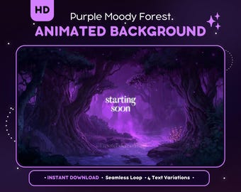Animowane tło strumienia – Fioletowy, ponury las, przytulna tapeta na pulpit z anime VTuber, nakładka na strumień Twitch, estetyczna dekoracja, OBS