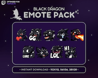 Cool Black Dragon Twitch Emote Pack - Dragon Emote Bundle, Dragon Discord Emote, Gaming, Streaming, Emoji, Kawaii, Fire, LoL, Wave, GG, Lurk