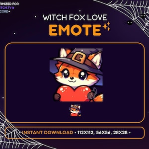 Fox Twitch Emote - Love, Heart, Witch Hat, Halloween Emote, Discord Server, Magic, Spooky, Scary, Emoji, Stream Decoration, Sassy, Fluffy