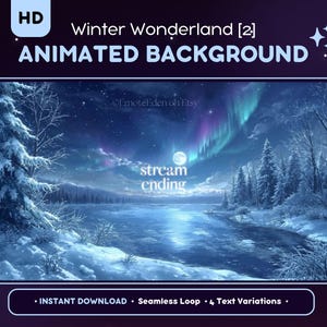 May include: Digital artwork depicting a winter scene with a frozen lake, snow-covered trees, and the aurora borealis. The image includes the text "Winter Wonderland [2] ANIMATED BACKGROUND" and "stream ending".
