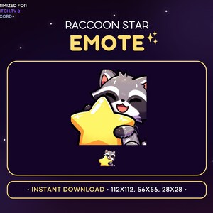 Puede incluir: Un mapache de dibujos animados sosteniendo una estrella amarilla con una expresión feliz. El texto "RACCOON STAR EMOTE" está por encima del mapache. El texto "INSTANT DOWNLOAD - 112X112, 56X56, 28X28." está debajo del mapache.