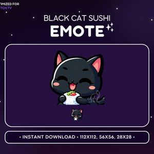 かわいい黒猫のTwitch絵文字寿司 - 猫絵文字、猫Discord絵文字、ゲーム、ストリーミング、絵文字、かわいい、愛らしい、食べ物、食べる、むしゃむしゃ食べる、空腹