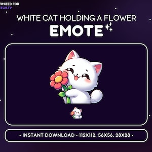 Lindo gesto de contracción del gato blanco - sosteniendo el gesto del gato de la flor, gesto de la discordia del gato, juegos, transmisión, emoji, kawaii adorable, regalo, amor, tímido, dar