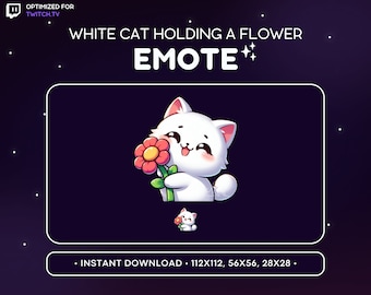 White Cat Twitch Emote - Holding Flower Discord Emoji, Love, Shy, Give