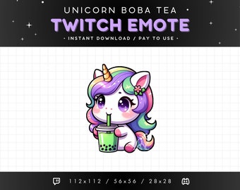 Cute Unicorn Twitch Emote - Bubble Tea Unicorn Emote, Unicorn Discord Emote, Gaming, Streaming, Emoji, Kawaii Adorable, Boba, Drink, Matcha