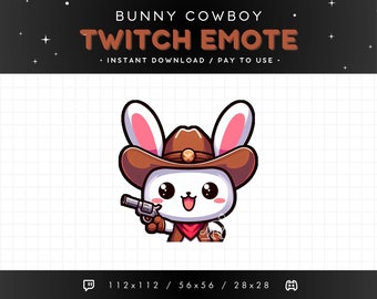 Cute Cowboy Bunny Twitch Emote - Sheriff Bunny Emote, Bunny Discord Emote, Gaming, Streaming, Emoji, Kawaii Adorable, Gun Bunny Emote