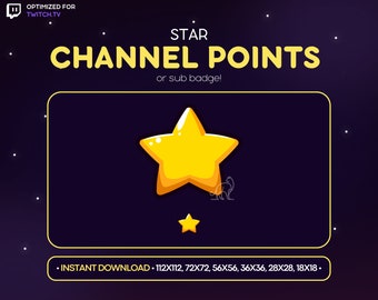Puede incluir: Un gráfico de estrella amarilla con el texto "STAR CHANNEL POINTS or sub badge!" y "• INSTANT DOWNLOAD • 112X112, 72X72, 56X56, 36X36, 28X28, 18X18." sobre un fondo azul oscuro con puntos blancos.