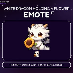 White Dragon Twitch Emote Holding Flower -  Sunflower Dragon Emote, Dragon Discord Emote, Gaming, Streaming, Emoji, Kawaii, Adorable