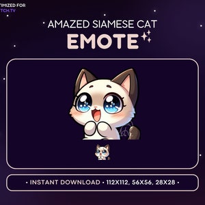Cute Siamese Cat Twitch Emote  - Amazed Cat Emote, Cat Discord Emote, Gaming Streaming Emoji, Surprised, Shocked, Funny, Kitten, Kitty, Gato