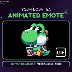 Peut inclure: Émoticône animée Twitch représentant Yoshi, un dinosaure vert du jeu vidéo Super Mario, buvant du thé à la bulle. L'émoticône est disponible en quatre tailles : 112 x 112, 56 x 56 et 28 x 28.
