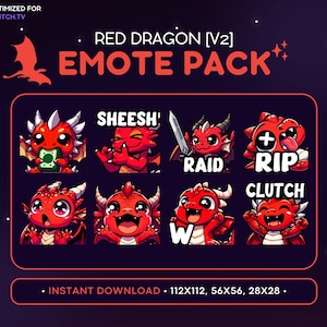 クールなレッドドラゴン Twitch エモートパック 8x [V2] - ドラゴンエモートバンドル、ドラゴン Discord エモート、ゲーム、ストリーミング、絵文字、クラッチ、RIP。うわー、レイド
