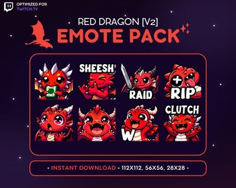 Pack de 8 emoticonos de Twitch de Dragón Rojo [V2] - Pack de emoticonos de Dragón, emoticono de Discord de Dragón, juegos, streaming, emojis, clutch, D.E.P. ¡Raid!