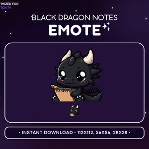 Cool Black Dragon Twitch Emote  - Taking Notes Dragon Emote, Cute Dragon Discord Emote, Gaming, Streaming, Emoji, Kawaii, Adorable, Notes