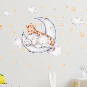 Elephant and Giraffe on the Moon Nursery Watercolor Wall decal, Watercolor Peel and Stick Nursery Wall Decal, Baby Room Wall Decor
