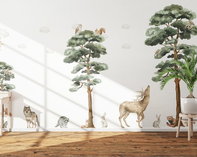 Woodland Animals and Trees Wall Decal, Backwoods Forest Nursery Wall ...
