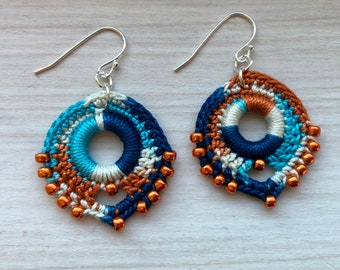 Beaded Crochet Earrings, Handmade Dangle Earrings, Statement Earrings, multi color with chromed copper glass beads