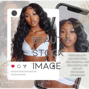 Pode incluir: Imagem digital de uma mulher com cabelo longo e preto ondulado e um top branco. As palavras "BEAUTY STOCK IMAGE" são sobrepostas na imagem. O texto adicional inclui "GOOD QUALITY, HIGH DEFINITION, FOR PERSONAL AND COMMERCIAL USE, INSTANT DOWNLOAD, AFFORDABLE."