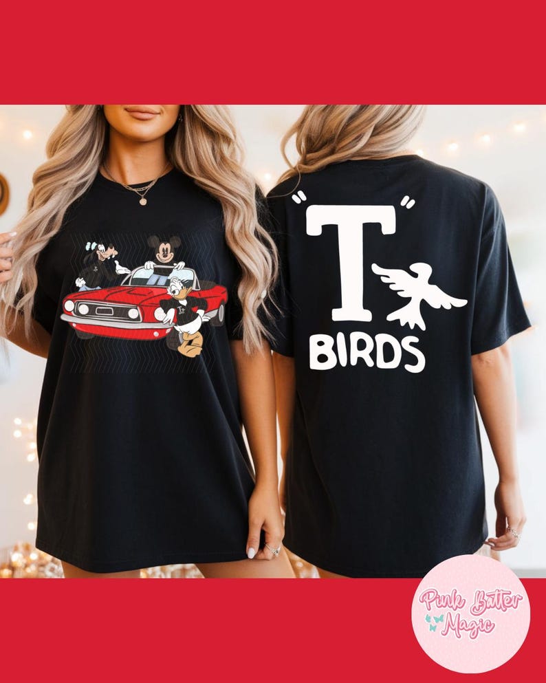 May include: Black t-shirt featuring a red car with cartoon characters on the front. The back of the shirt displays the text "T BIRDS" with a white bird graphic. The shirt is a comfortable, oversized fit.