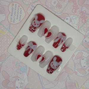 Rabbit Heart | Valentine&#39;s Nails, Animal Nails, Miffy Nails, Kawaii Nails, Pearl Nails, Coffin Nails, Fake Nails, Press Ons, False Nails