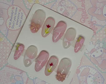 Garden of Love | Valentine's Nails, Flower Nails, Ballet Nails, Ribbon Nails, Coquette, Almond Nails, Fake Nails, Press Ons, False Nails