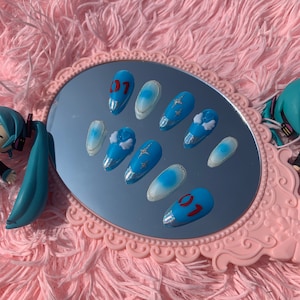 Digital Idol - TEAL | Anime Inspired Press On Nails, Vocaloid, Hatsune Miku, Kawaii Nails, Coffin Nails, False Nails, Fake Nails