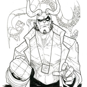 May include: Black and white line art illustration of a horned, muscular man with a serious expression. He is wearing a long coat and has a necklace with a pendant. Tentacles are behind him.