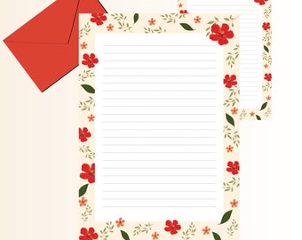 Writing paper - digital - stationery - birthday - flowers - correspondence - illustration - red - decorative paper