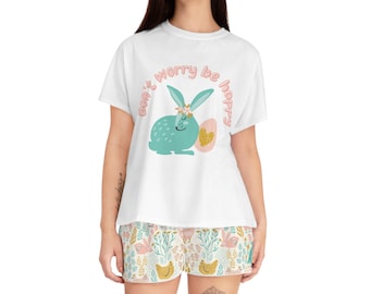 Conjunto de pijama curto feminino de Páscoa, pijama Don't Worry Be Hoppy, pijama de Páscoa, pijama de Páscoa, pijama de coelhinho da Páscoa, presente de Páscoa para mulheres