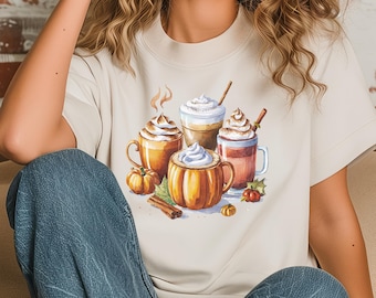 秋のパンプキンスパイスドリンクユニセックスTシャツ、感謝祭テーマシャツ、パンプキンスパイスシャツ、秋シャツ、ハロウィンシャツ、秋シャツ