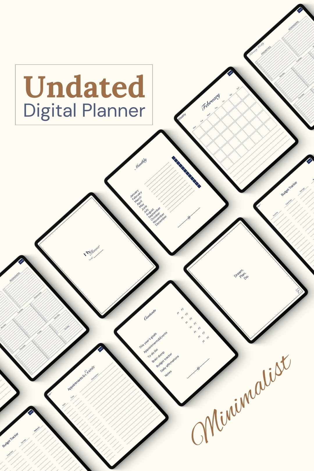 Undated Minimalist Digital Planner, Digital Planner, iPad Planner