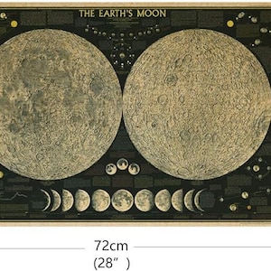 May include: A vintage-style poster of the Earth's Moon, featuring a detailed map of the lunar surface with craters and maria. The poster is printed on brown paper with a black background and includes a title, "THE EARTH'S MOON", and a scale bar. The poster measures 28 inches by 18 inches.